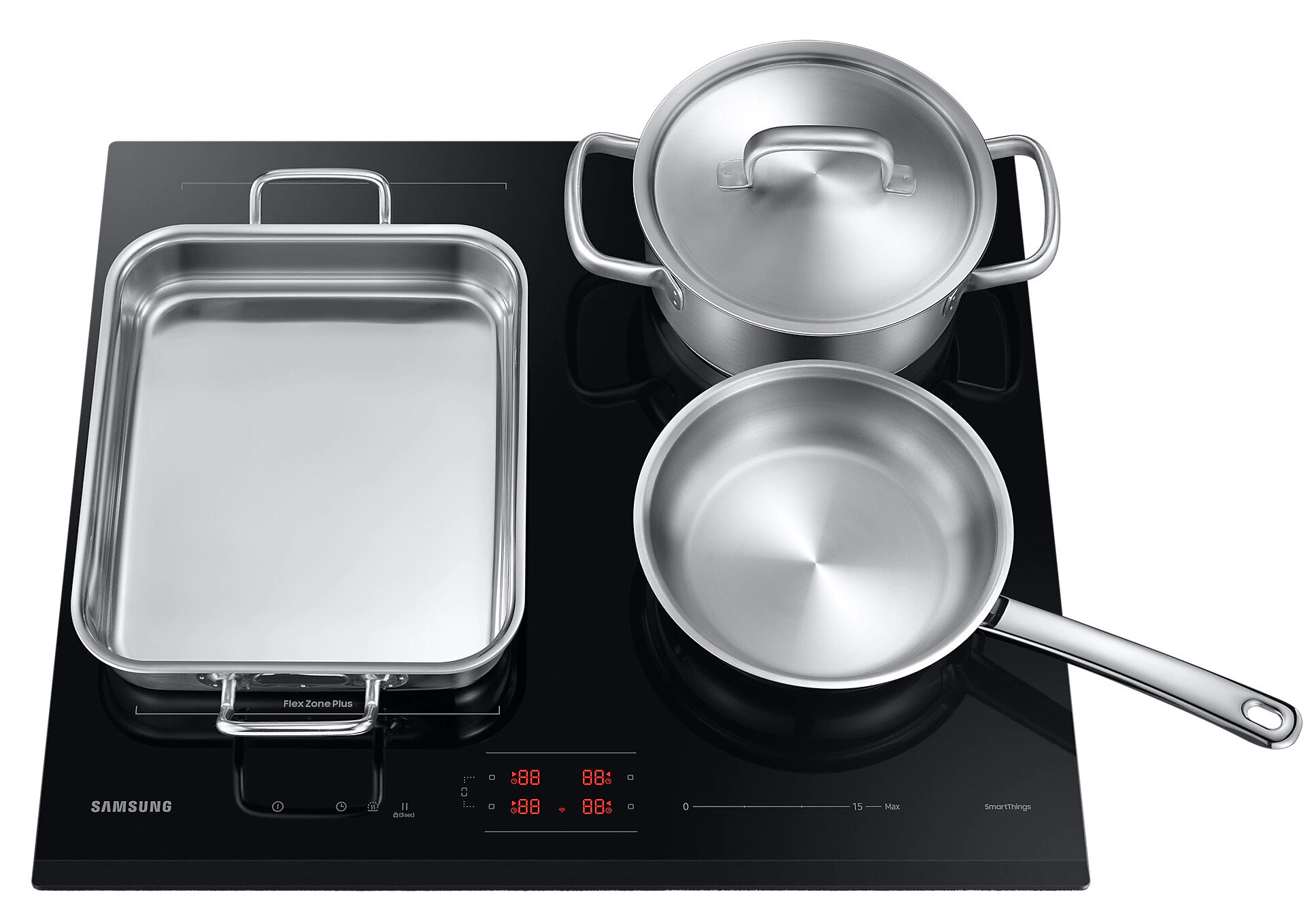 Czarna płyta grzewcza z trzema garnkami ze stali nierdzewnej na wierzchu.