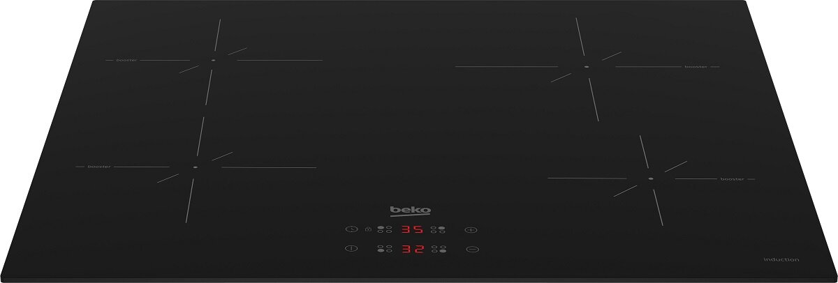 Czarna płyta indukcyjna z czterema polami grzewczymi i logo beko.