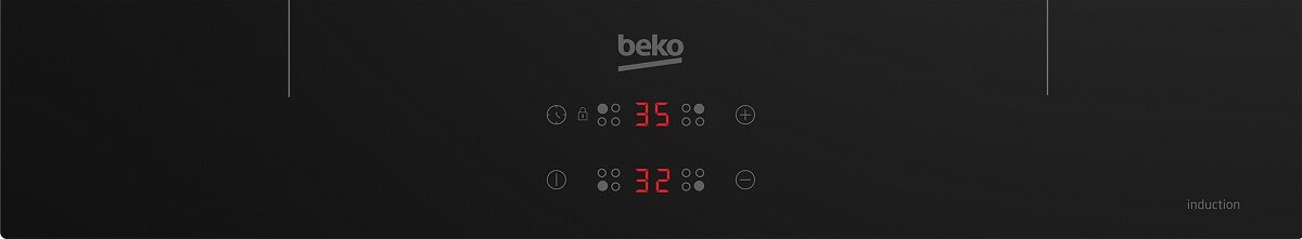 Czarna płyta indukcyjna z dwoma czerwonymi wyświetlaczami cyfrowymi pokazującymi czas i moc.