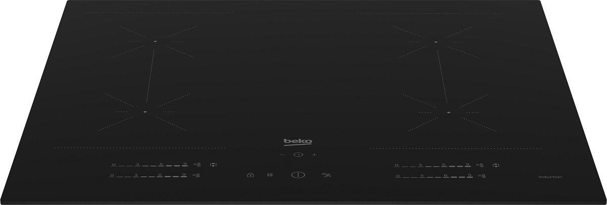 Czarna płyta indukcyjna z czterema strefami gotowania, z panelem sterowania poniżej.