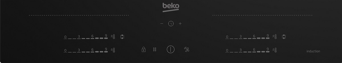 Czarna płyta indukcyjna z panelem sterowania. Logo Beko pośrodku. Numerowane ustawienia.