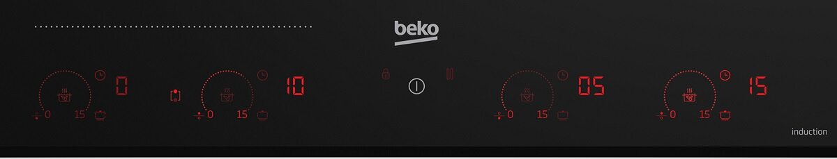 Czarna płyta indukcyjna z podświetlanymi na czerwono cyframi i ikonami.