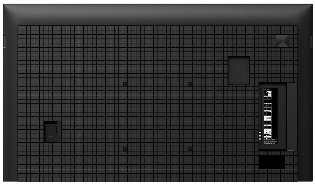 Tył czarnego telewizora z wzorem kratki, portami i logo.