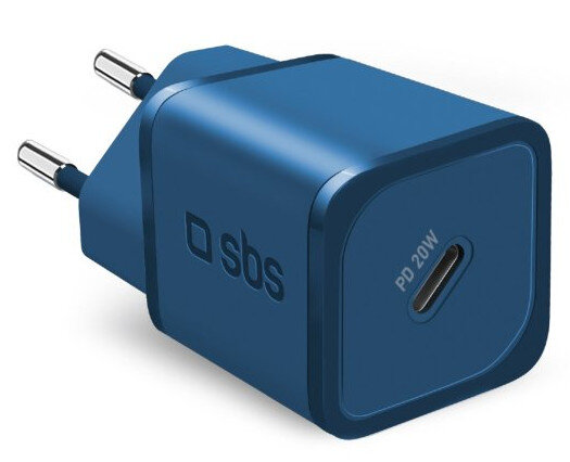 Niebieska ładowarka SBS PD 20W. Niebieski blok z portem USB-C i logo SBS.
