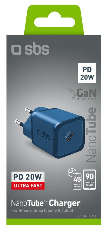 Niebieska ładowarka w pudełku. PD 20W, NanoTube, do iPhone, smartfona i tabletu.