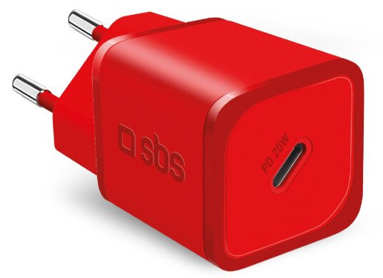Czerwony zasilacz SBS z portem USB-C. Z przodu etykieta PD 20W.