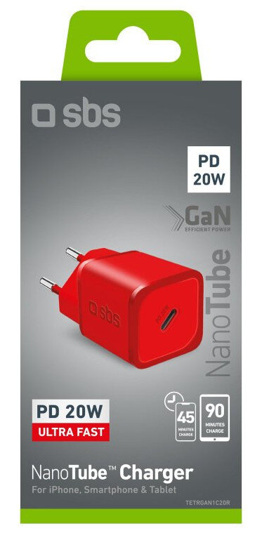 Czerwona ładowarka USB z wtyczką, w białym i szarym opakowaniu. Tekst: PD 20W i NanoTube.