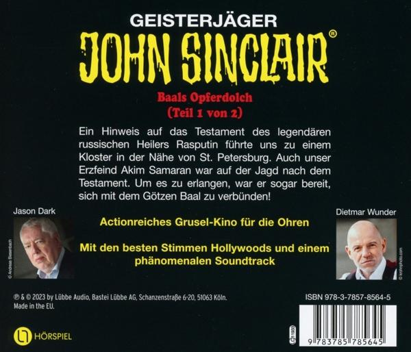 Buchcover der 'John Sinclair'-Reihe. Text in Gelb und Weiß auf blauem Hintergrund. Bilder von zwei Männern.