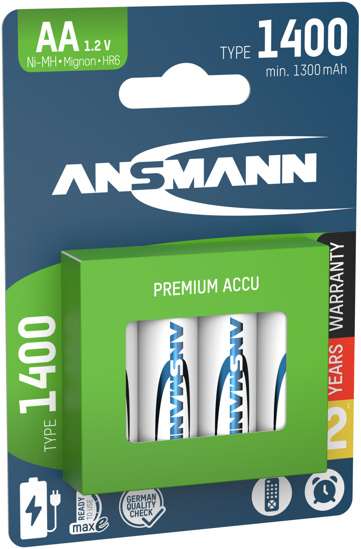 Un paquet de piles AA Ansmann. L'emballage est vert et blanc, avec des détails sur le produit.