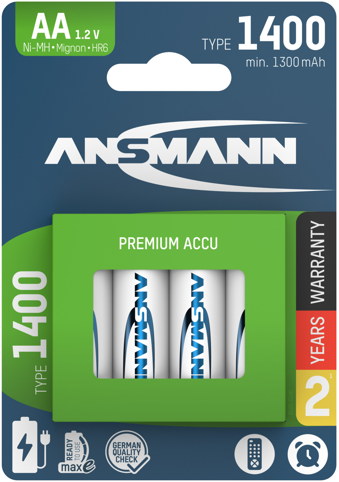 Un paquet de quatre piles AA avec la marque Ansmann et des informations sur le produit.