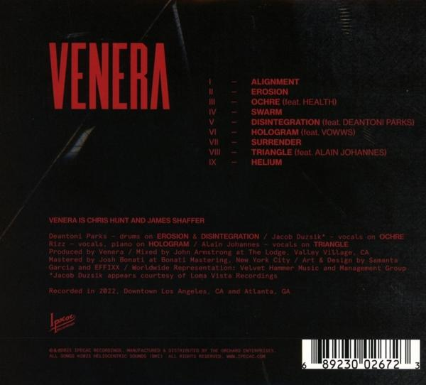 Albumcover mit rotem Text 'VENERA' und Titelliste. Der Hintergrund ist dunkelrot. Text am unteren Rand.