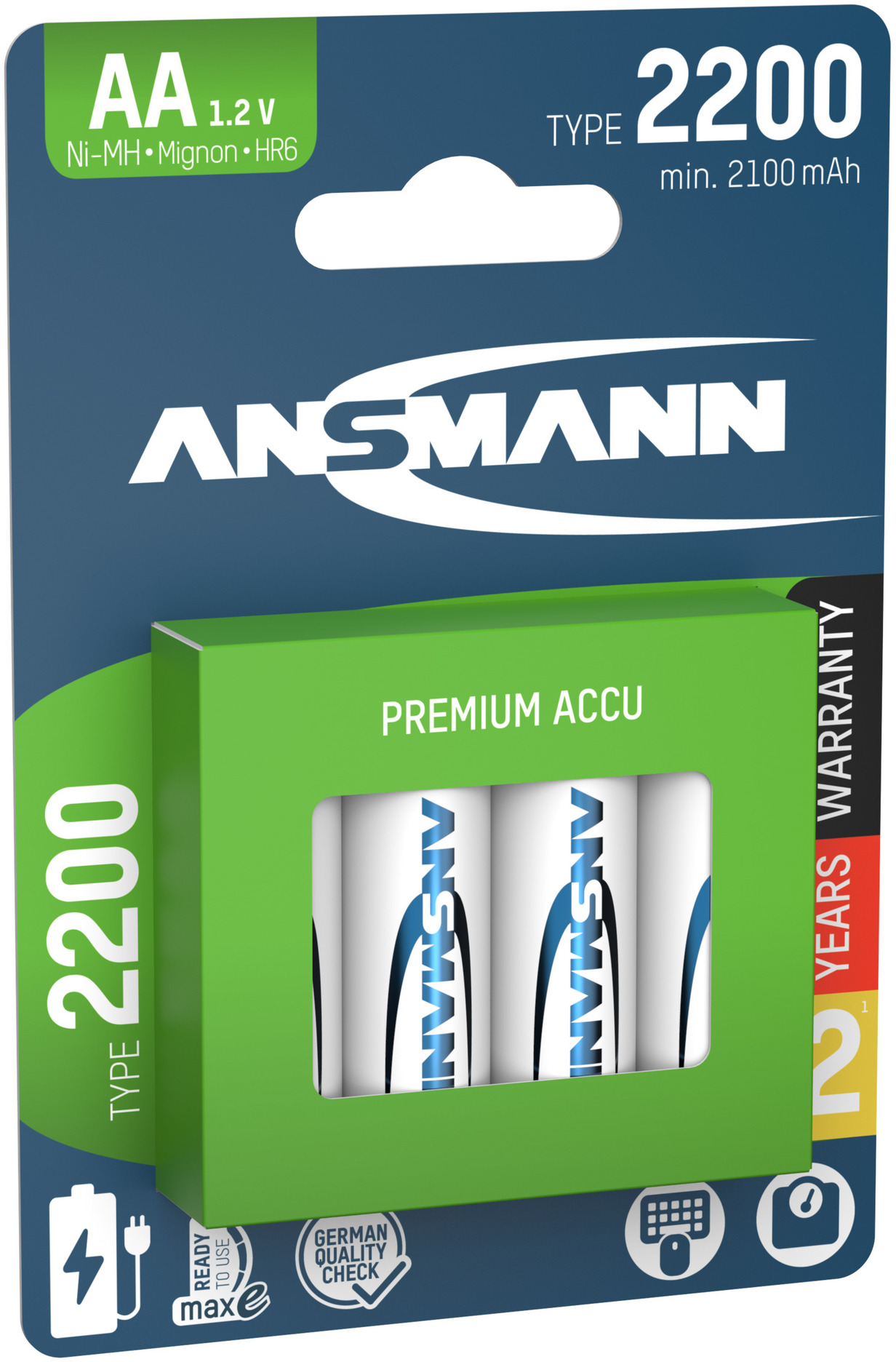 Un paquet de quatre piles AA Ansmann 2200 mAh dans une carte verte et blanche.