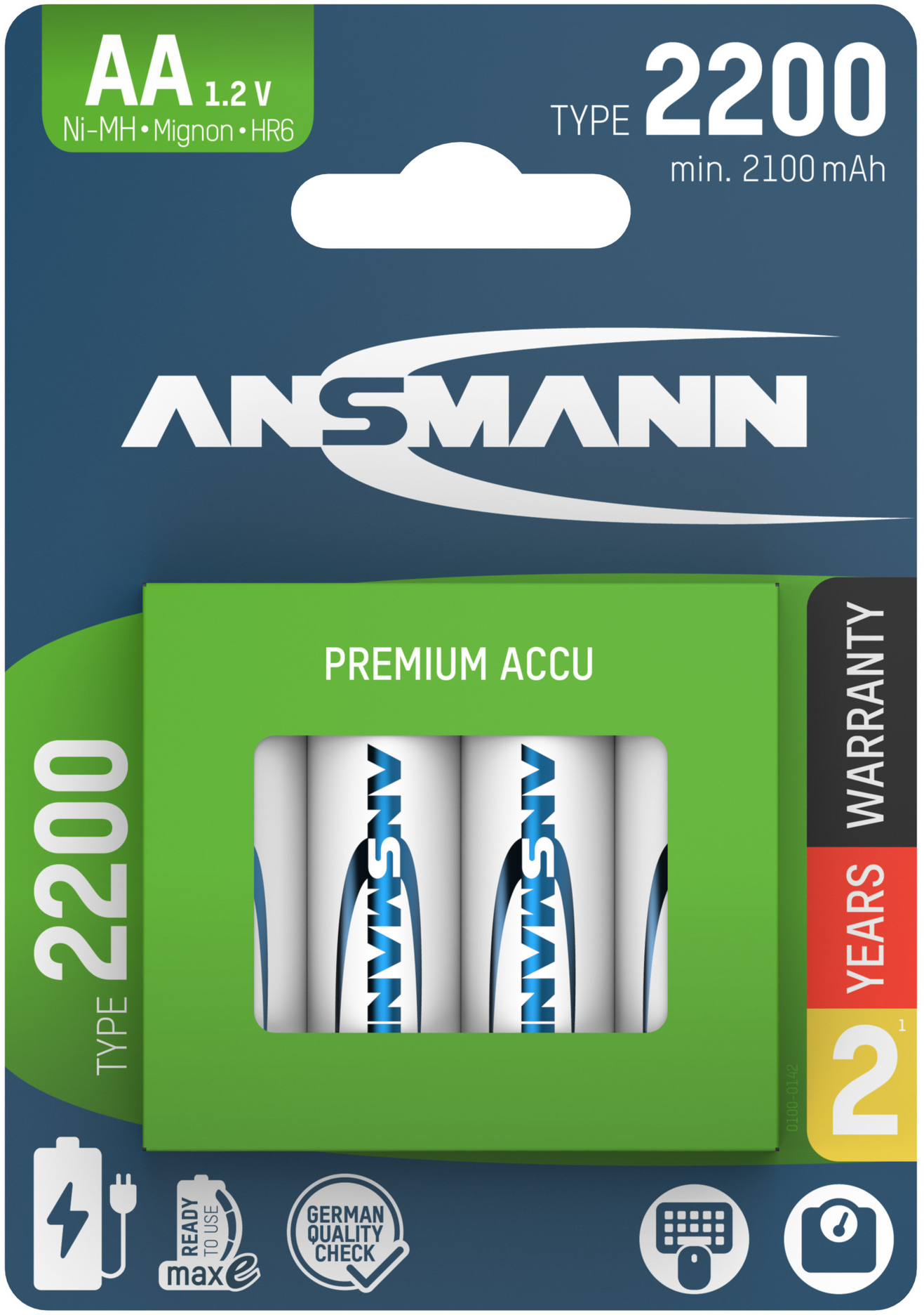 Quatre piles AA dans un emballage vert et bleu, avec la marque ANSMANN et des spécifications comme 2200 mAh.