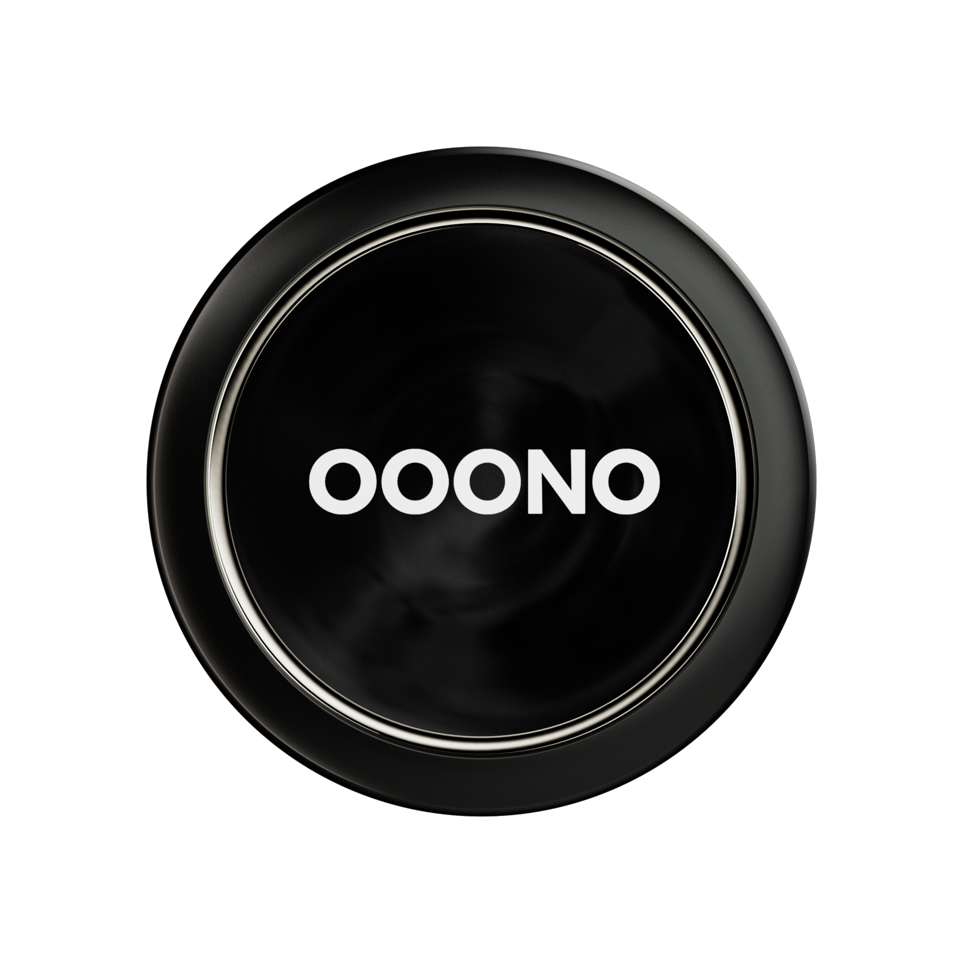 Ein schwarzes kreisförmiges Gerät mit dem weißen Wort 'OOONO' in der Mitte, vor weißem Hintergrund.