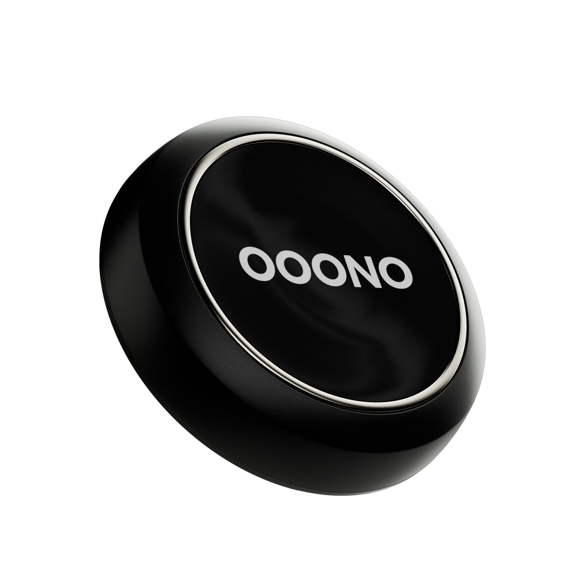 Schwarze Ooono Autohalterung. Sie ist rund mit weißem Text und einem silbernen Ring.