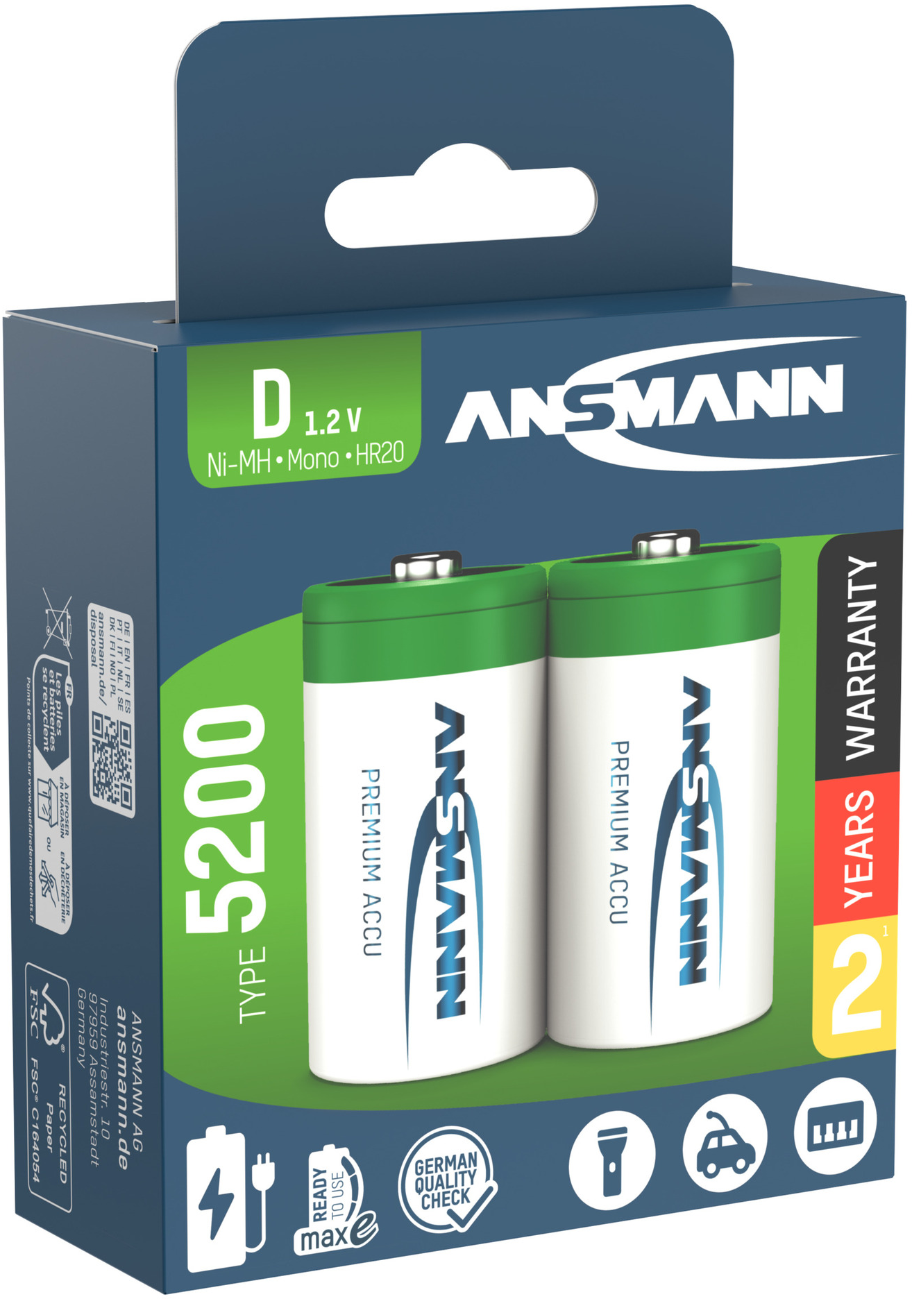 Deux piles Ansmann dans un emballage. L'emballage est vert et bleu.