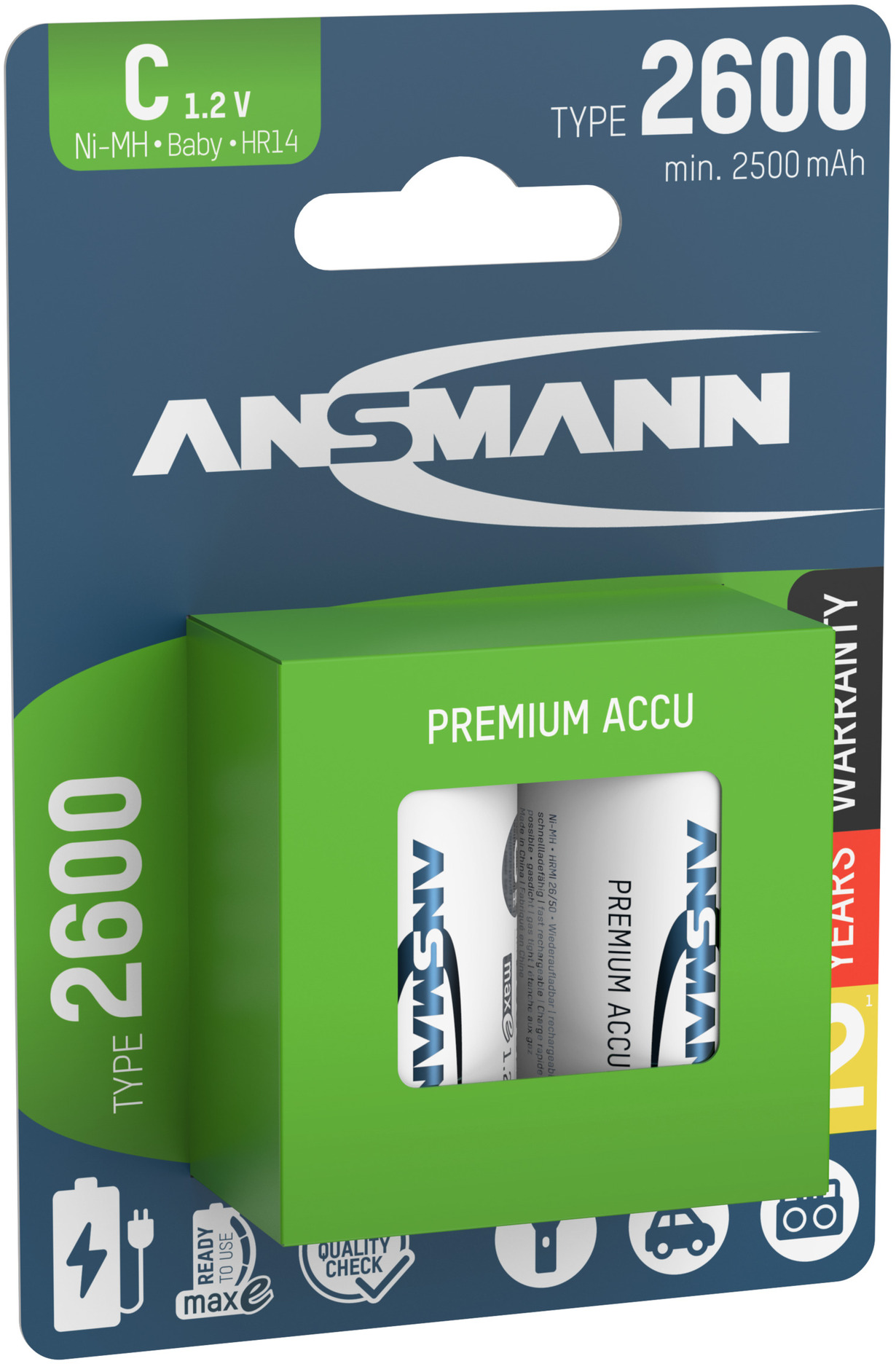 Un ensemble emballé de deux piles Ni-MH 'Premium Accu', avec une palette de couleurs verte et bleue.