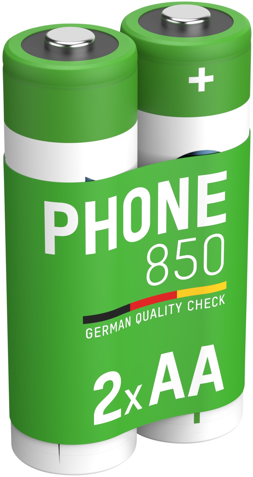 Due batterie AA in un involucro verde con estremità bianche, e il testo 'PHONE 850', German Quality Check.