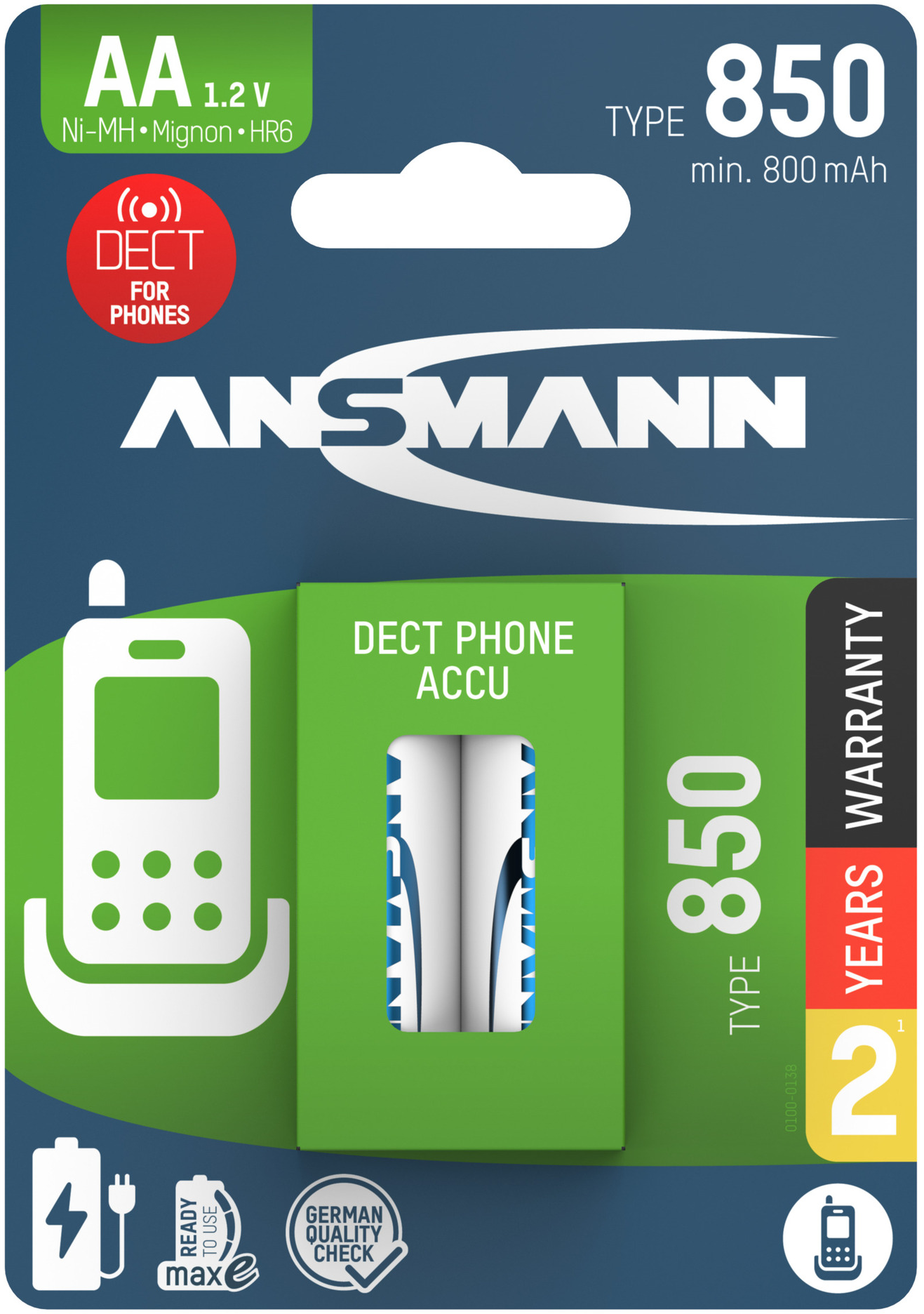 Confezione di batterie Ansmann AA 1.2V Ni-MH Mignon HR6, con icona telefono e garanzia.