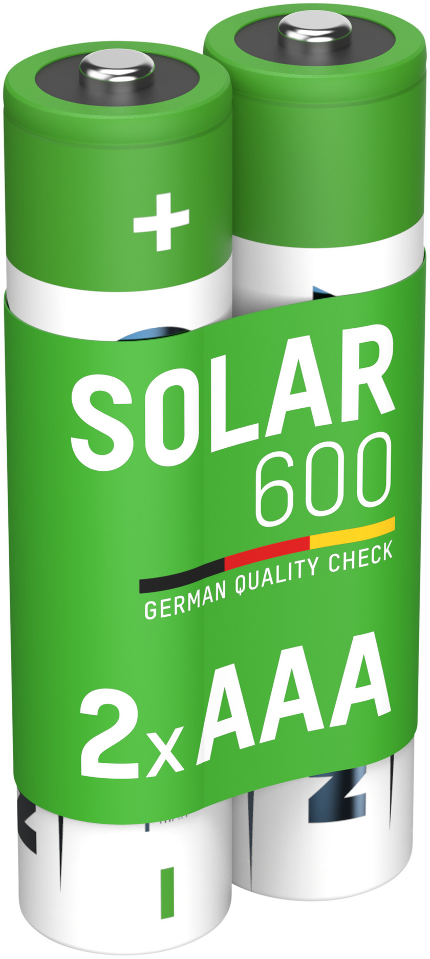 Due batterie AAA verdi avvolte in un'etichetta verde con 'SOLAR 600' e '2xAAA'.
