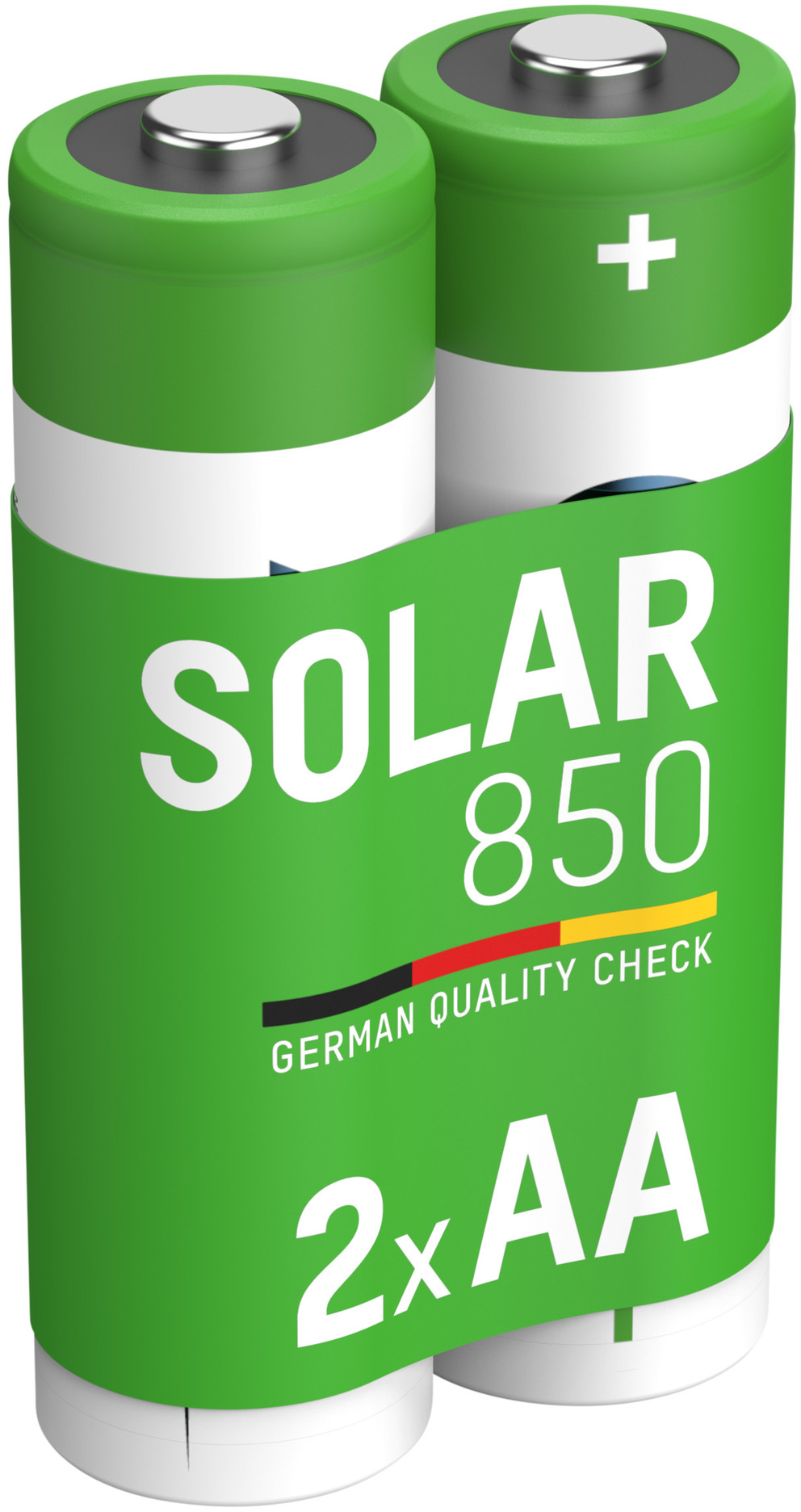 Deux piles AA vertes, étiquette blanche avec 'SOLAR 850' et 'GERMAN QUALITY CHECK'.