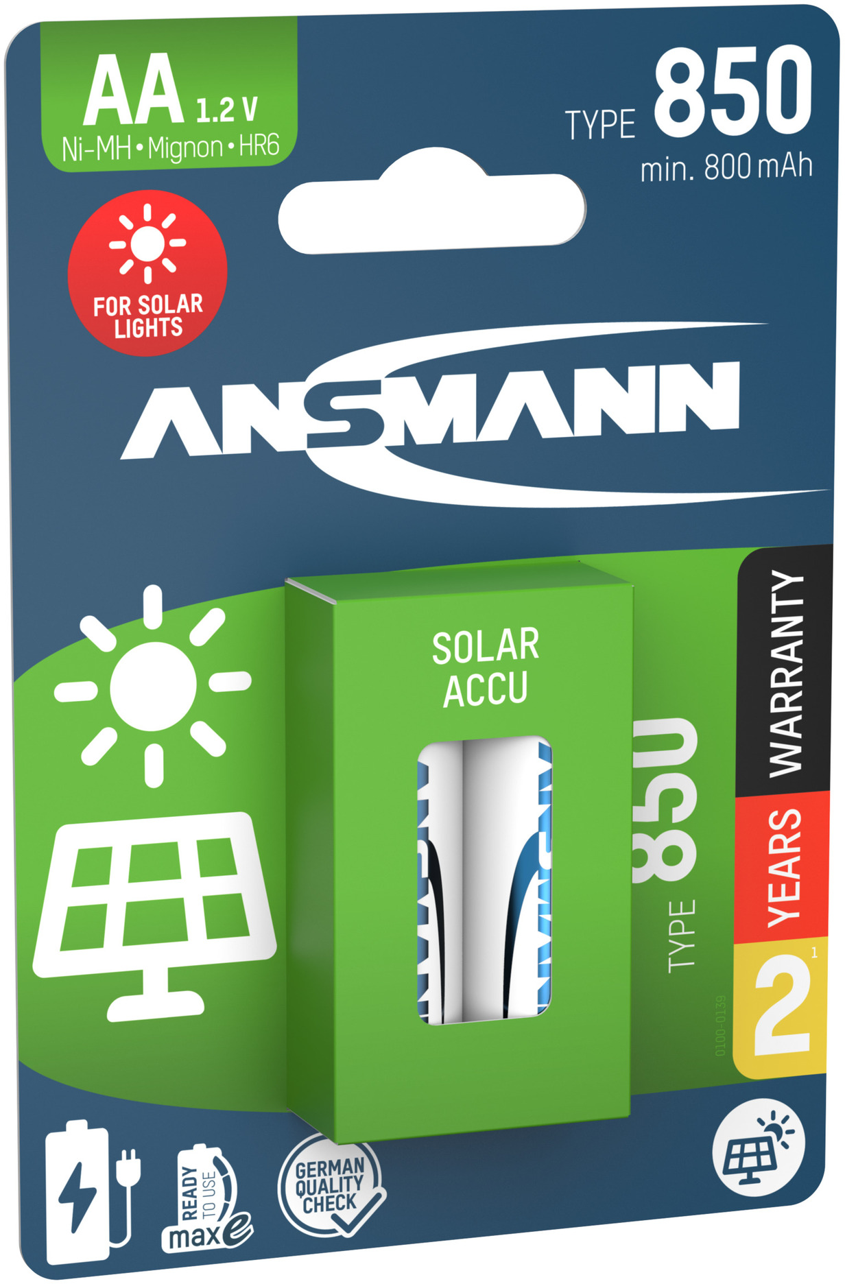 Pack de batteries avec une boîte verte. Le texte indique 'SOLAR ACCU'. Le fond est bleu et vert.