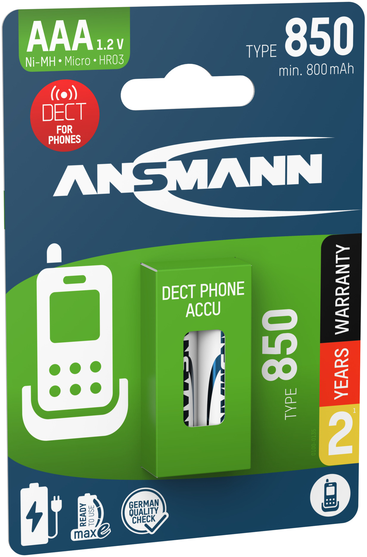 Confezione di batterie AAA con il marchio 'ANSMANN' e dettagli sul tipo di batteria.