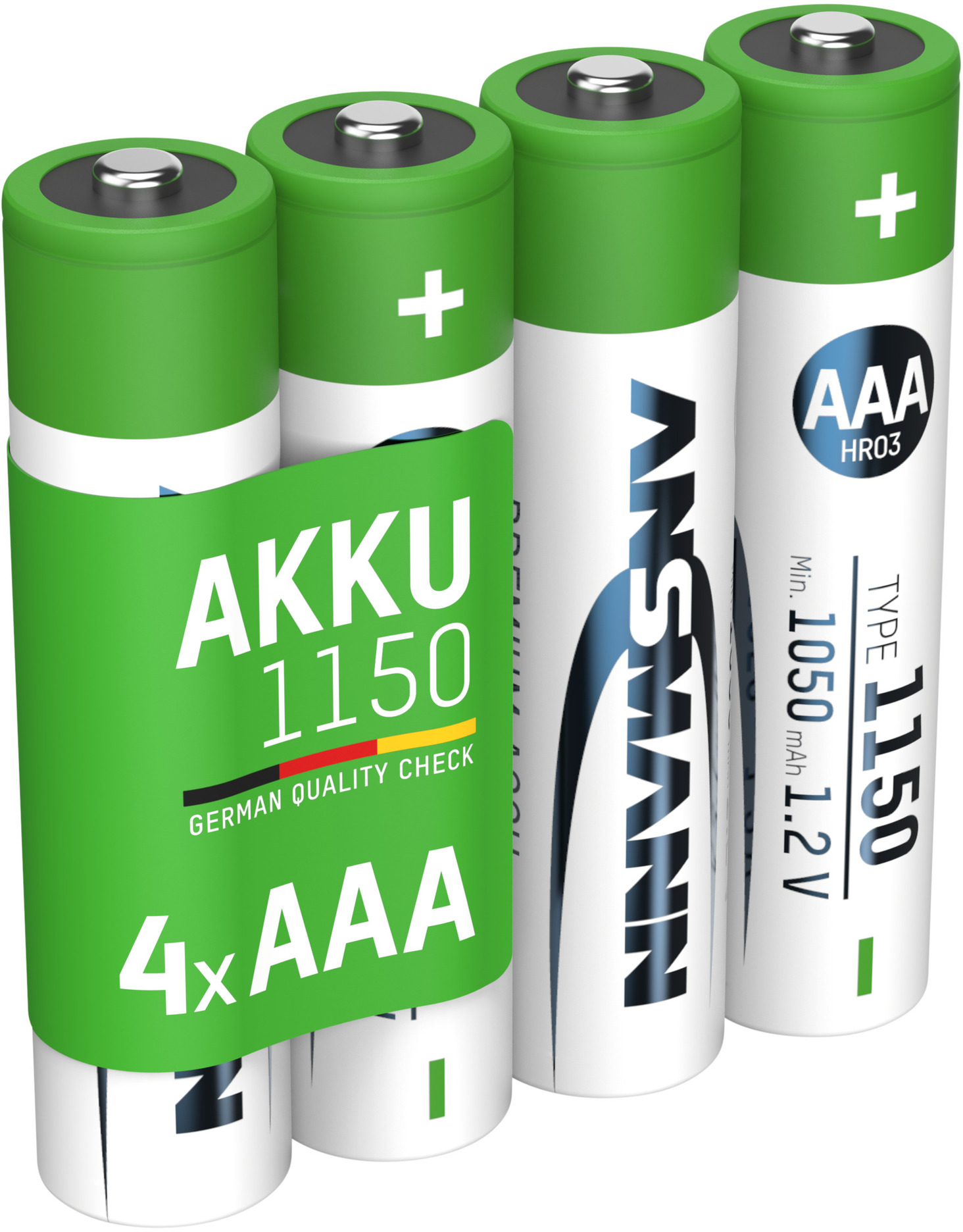 Quattro batterie ANSMANN AAA, verdi e bianche, con segni più e informazioni sul prodotto. Le batterie sono in piedi.