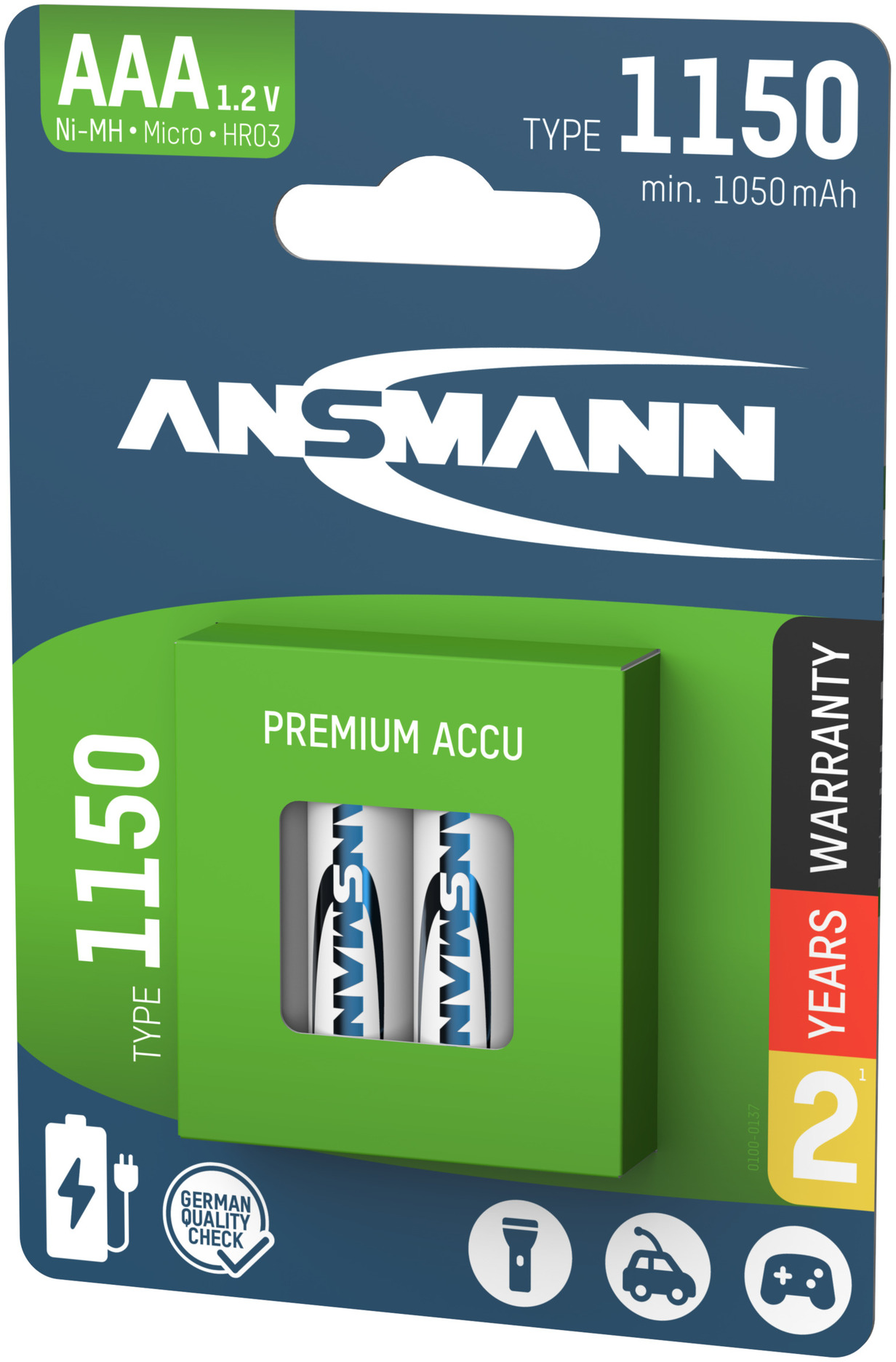 Confezione di batterie con due batterie. Confezione verde e blu con testo. AAA 1.2V Ni-MH HR03.