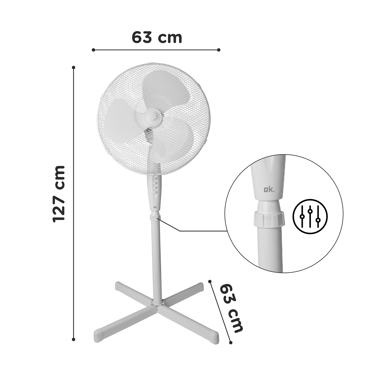 Un ventilatore a colonna bianco con dimensioni etichettate. Il ventilatore è su sfondo bianco.