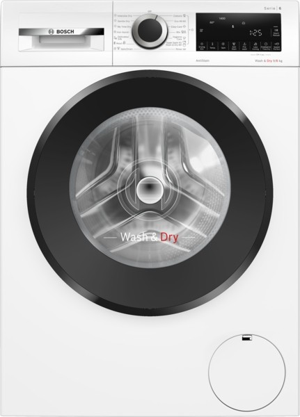 Witte wasmachine met zwarte deur en bedieningspaneel. Het merk is Bosch.