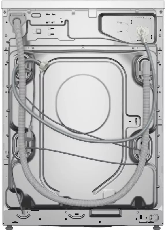 Achterkant van een witte wasmachine, met slangen en interne onderdelen.