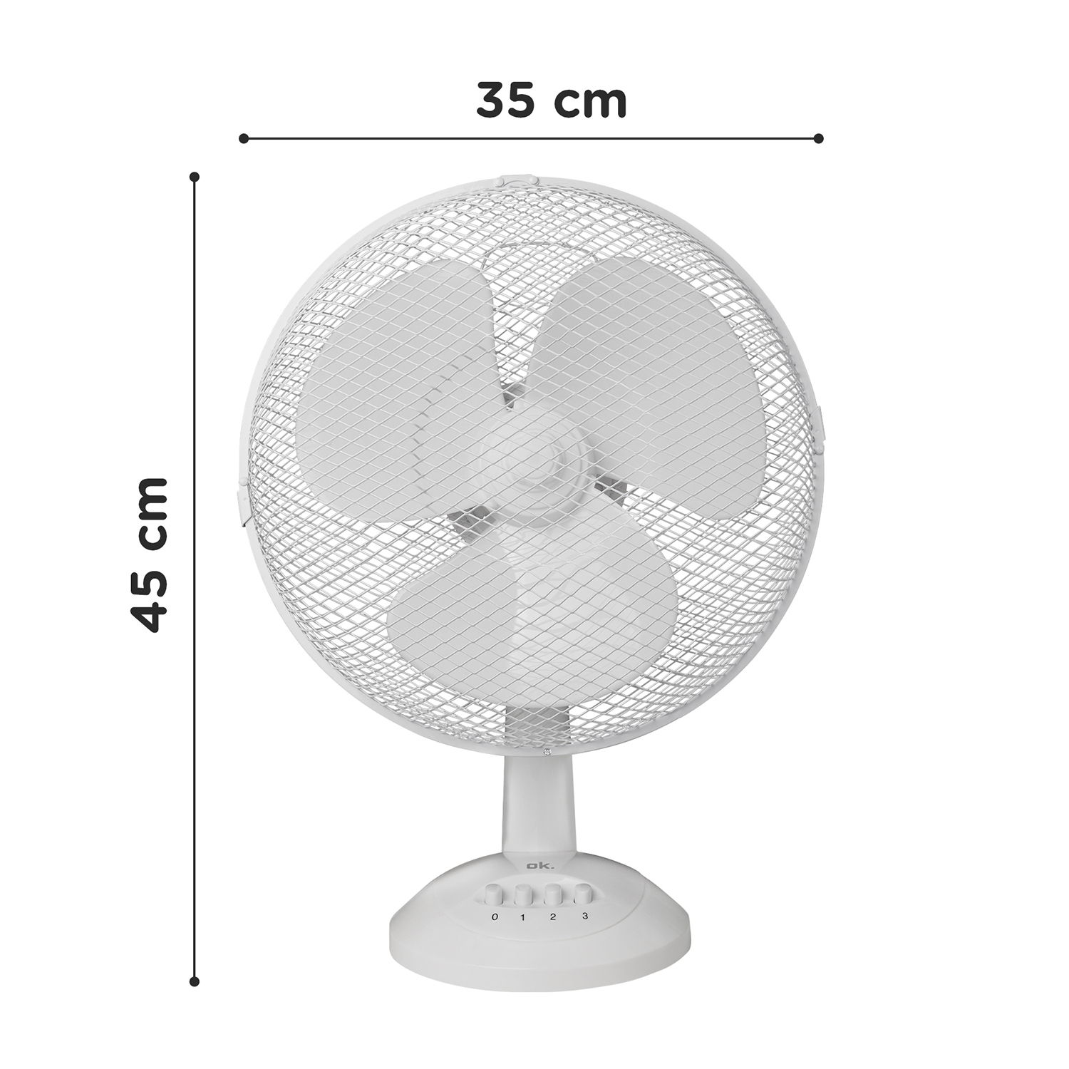 Ventilatore elettrico bianco con tre pale e griglia.