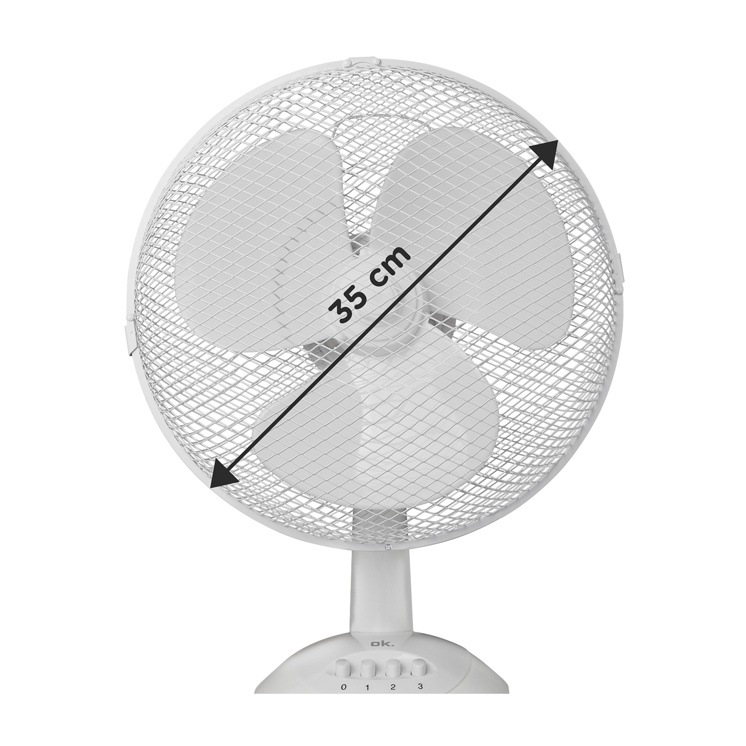 Ventilatore da tavolo bianco con tre pale, una griglia di sicurezza e una base con pulsanti.