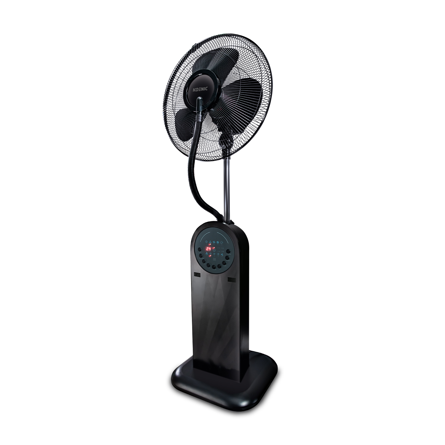 Ventilatore da terra nero con display digitale e impostazioni multiple.