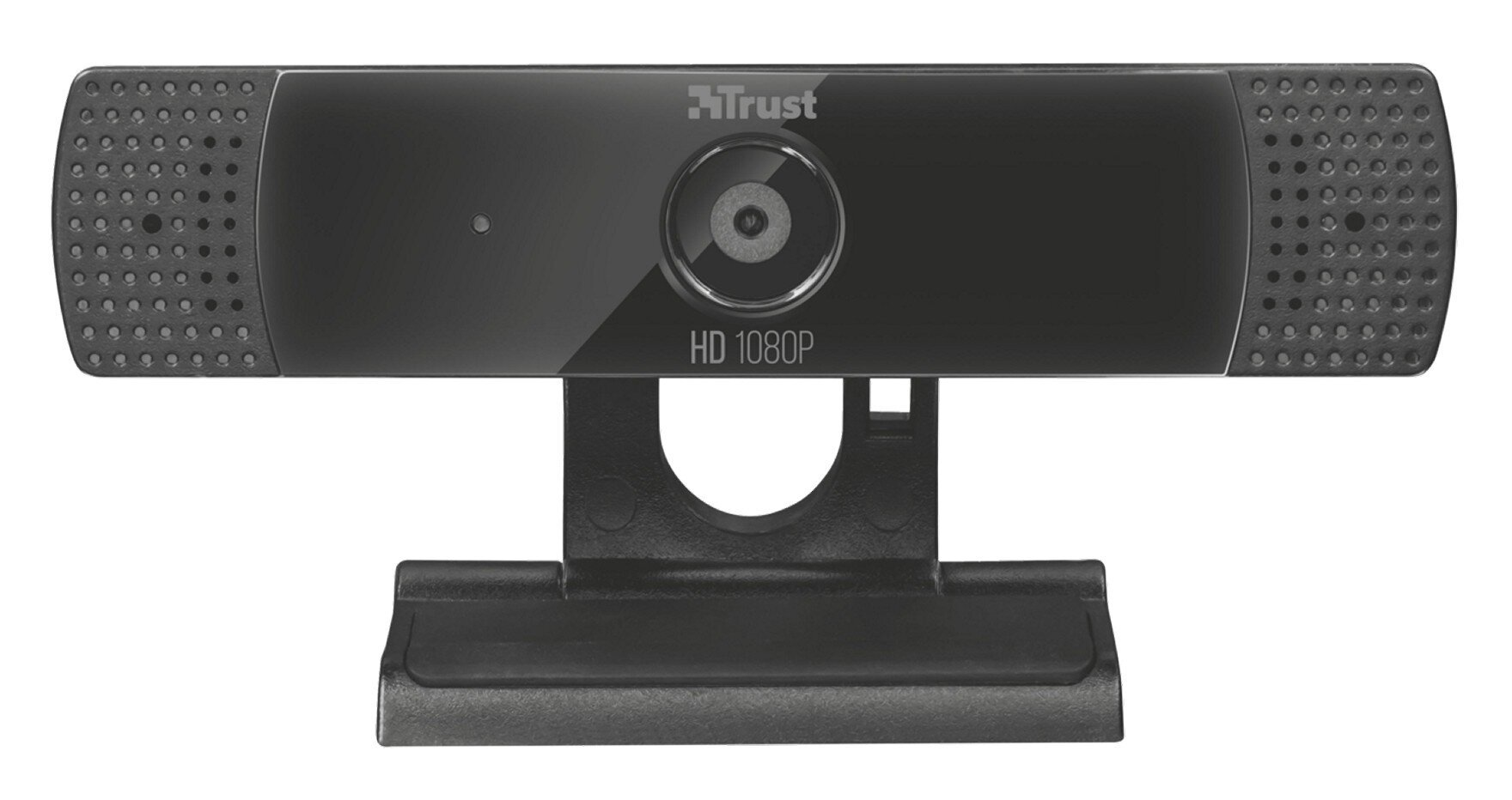 Czarna kamera internetowa Trust HD 1080p, z obiektywem i otworami na mikrofon.