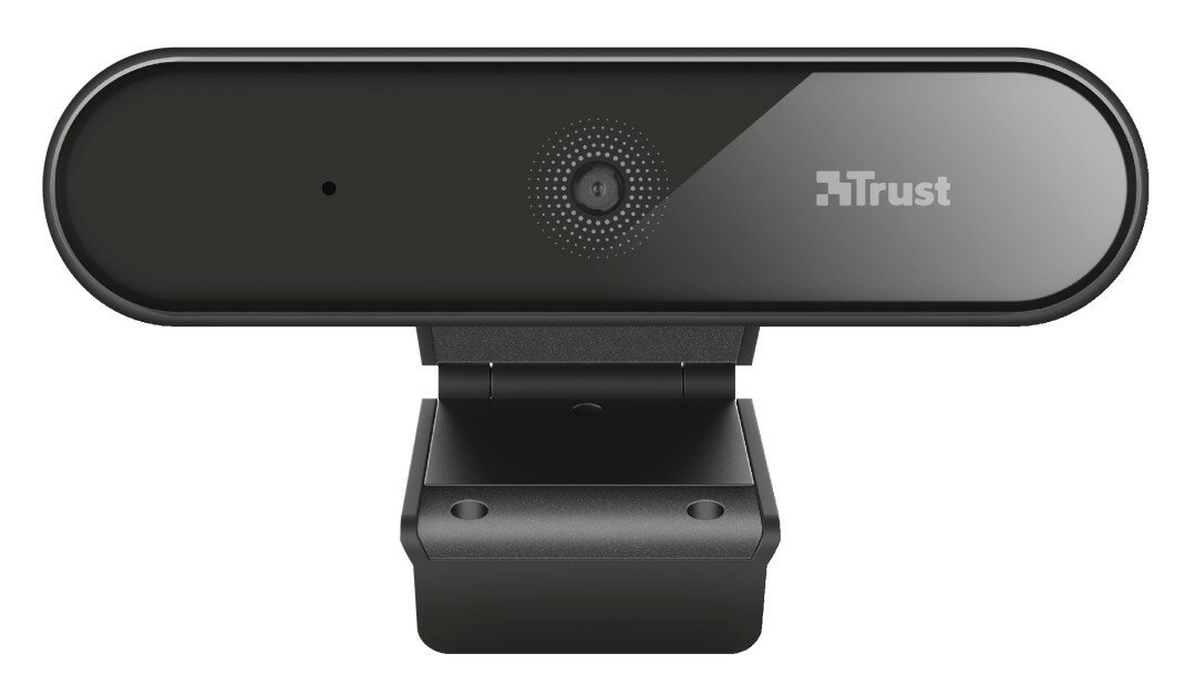 Czarna kamera internetowa Trust z błyszczącym wykończeniem. Ma obiektyw i podstawę na dole.