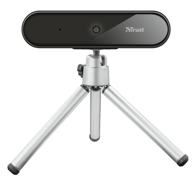 Czarna kamera internetowa na srebrnym statywie.