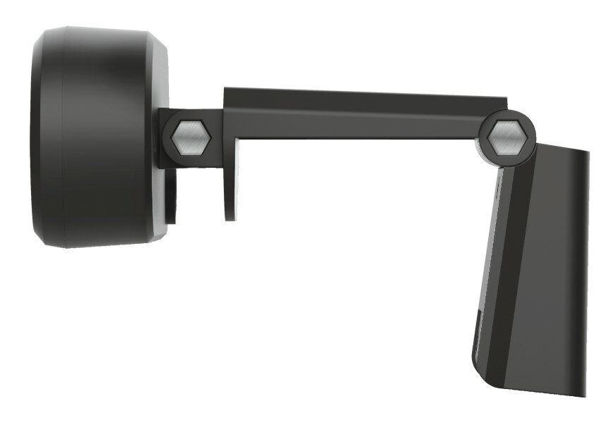 Czarny element kamery z ramieniem montażowym i śrubami sześciokątnymi, na białym tle.