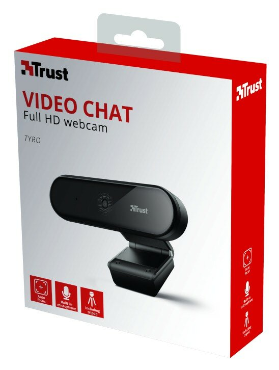 Czarne pudełko kamery internetowej. Tekst: Video Chat, kamera internetowa Full HD. Kamera widoczna w pudełku.