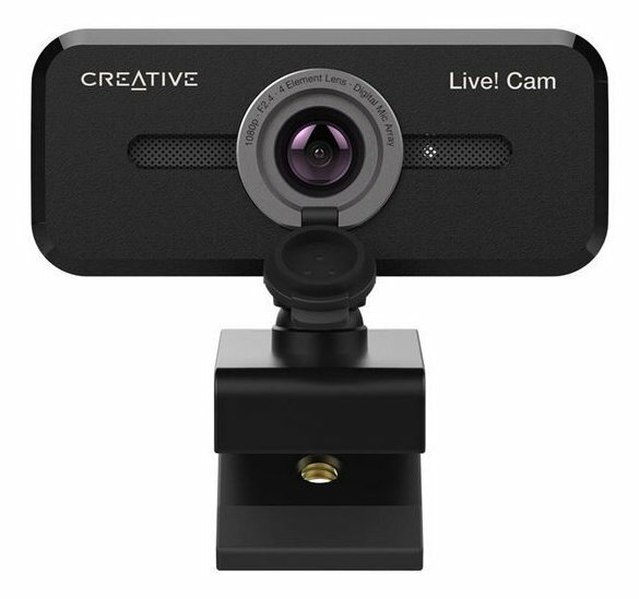 Czarna kamera internetowa Creative Live! Cam z obiektywem, mikrofonem i klipsem do mocowania do ekranu.