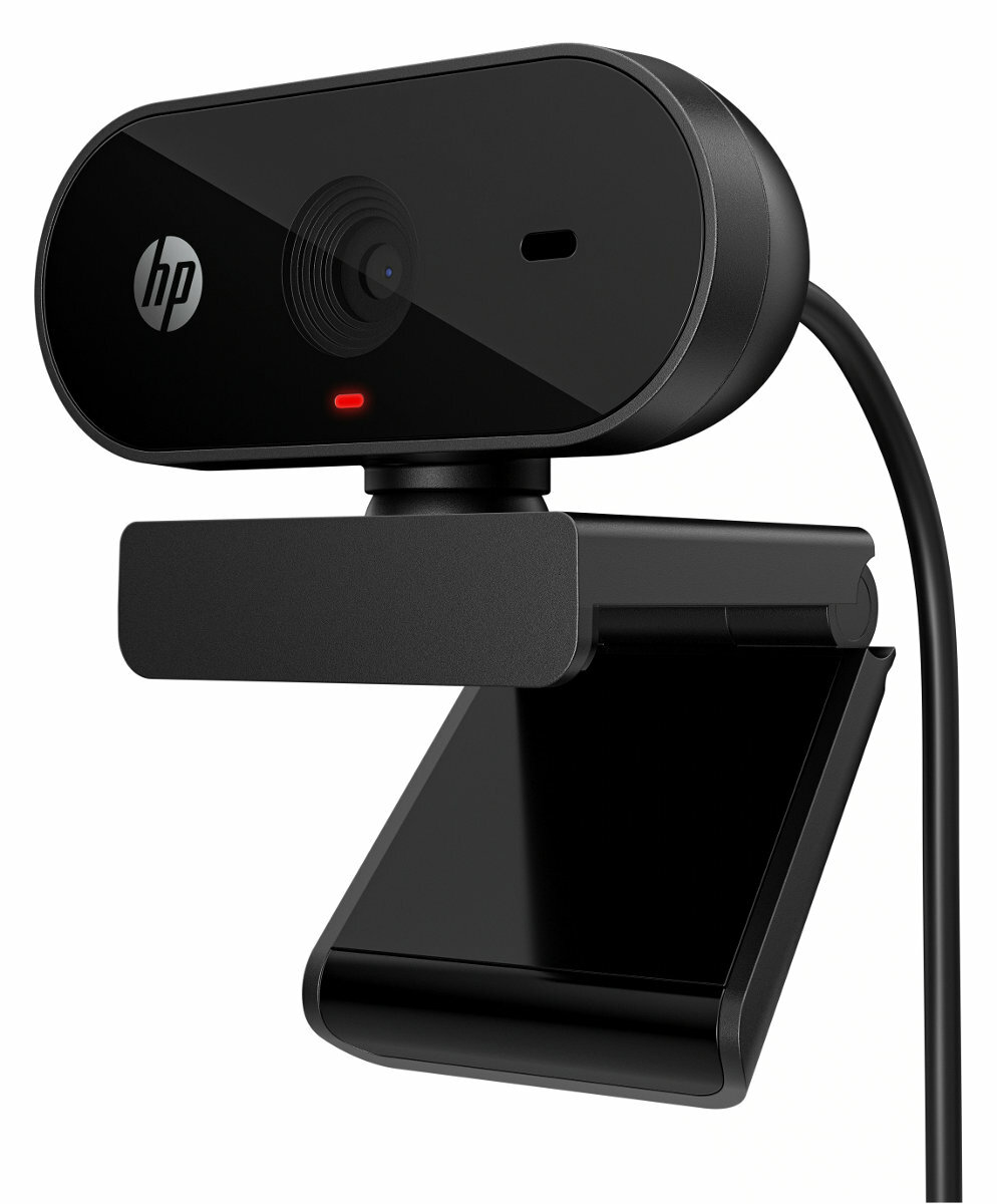 Czarna kamera internetowa HP z czerwoną lampką kontrolną, zamontowana na statywie.