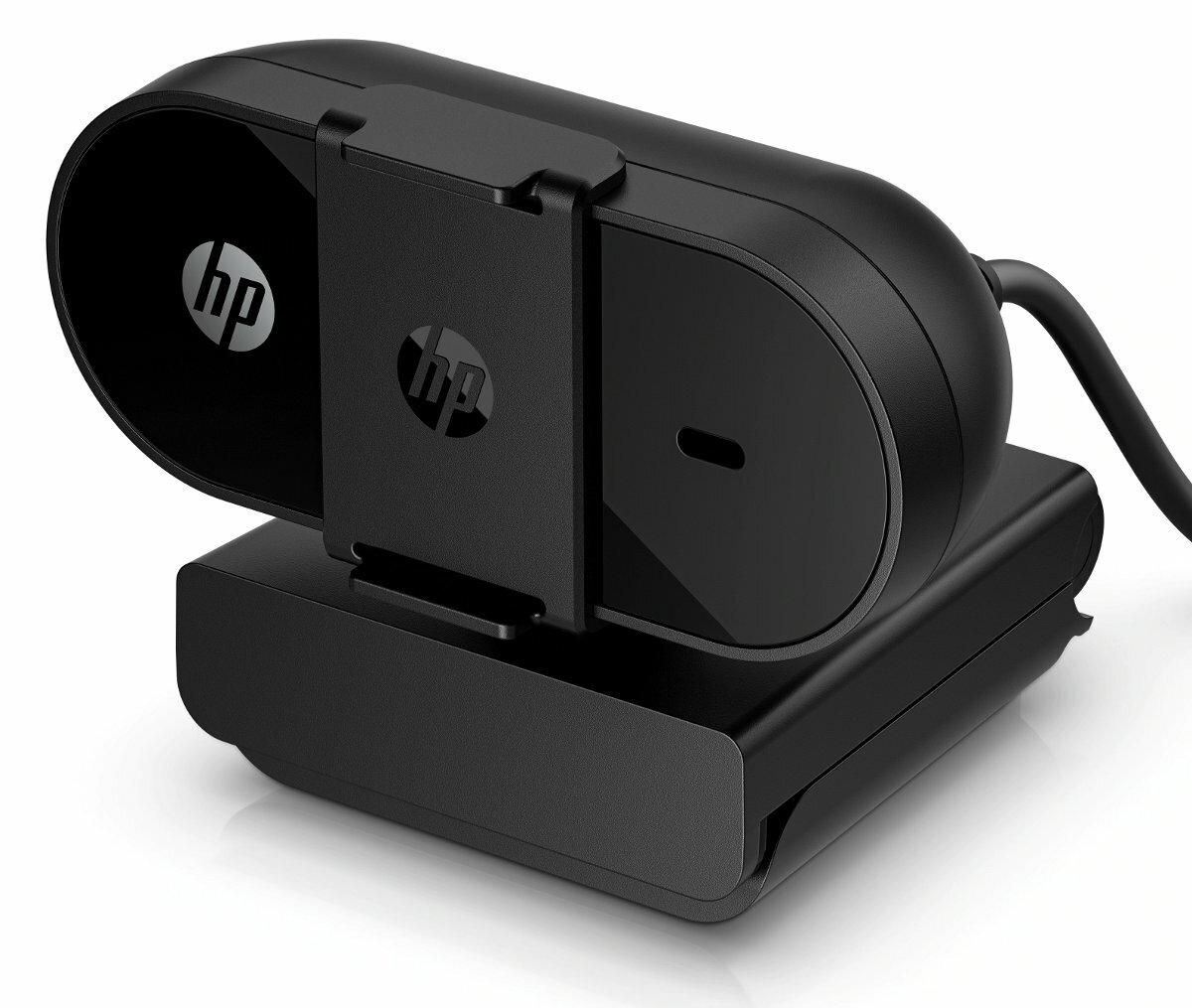 Czarna kamera internetowa HP z logo HP, zamontowana na podstawie. Kamera ma elegancki, owalny kształt.