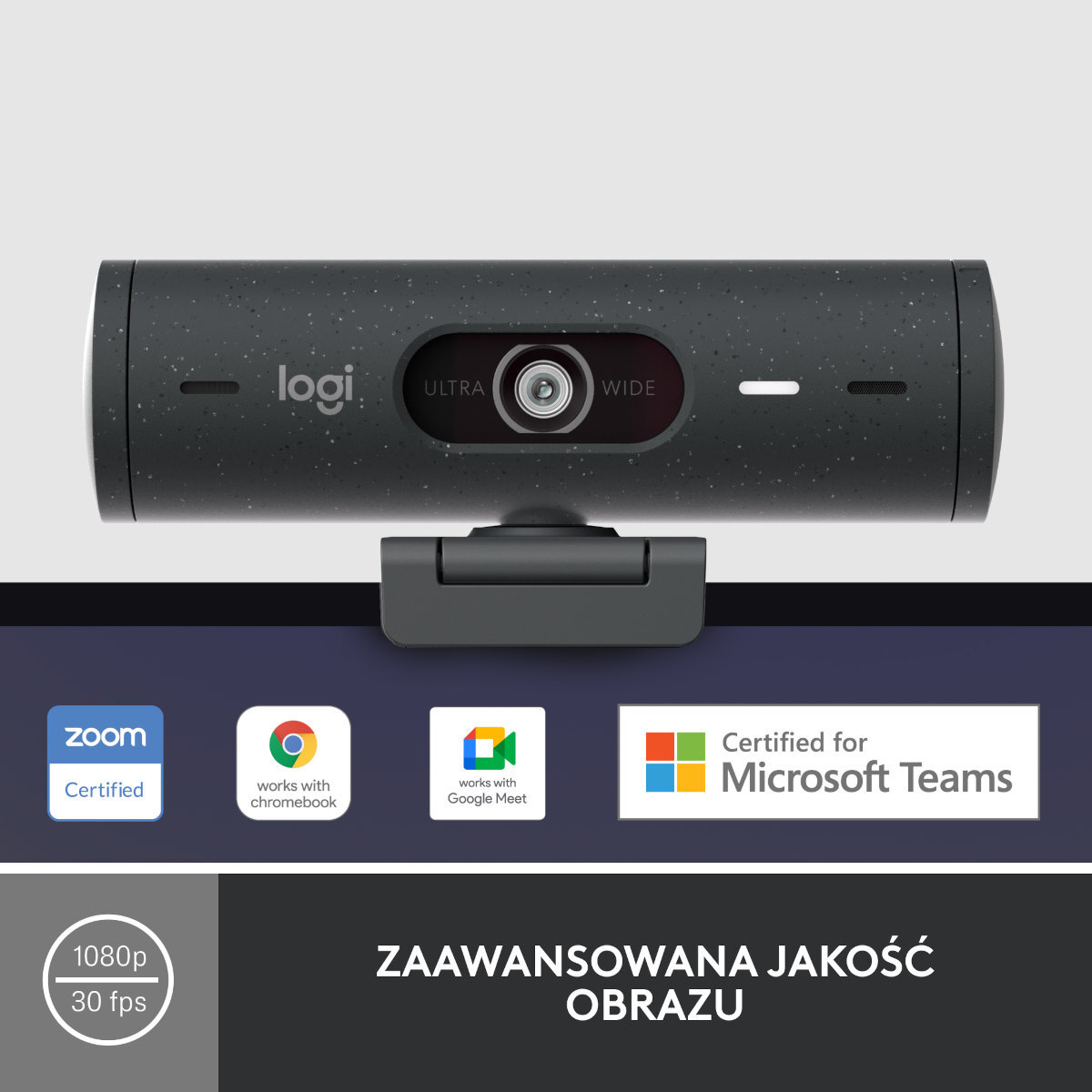 Kamera internetowa z logo Logi. Certyfikat Zoom, Google Meet i Microsoft Teams. Czarny kolor.