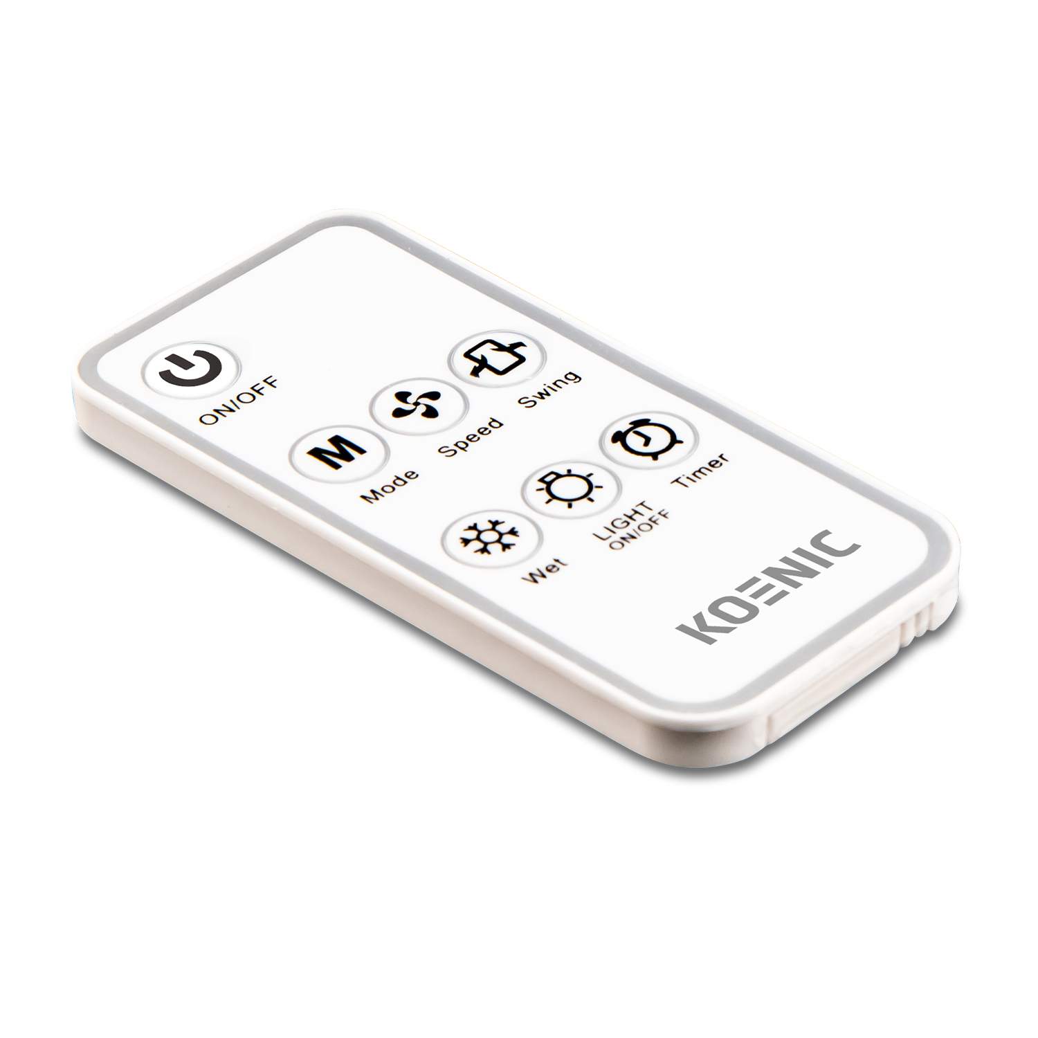 Telecomando bianco con pulsanti: On/Off, Modalità, Velocità, Swing, Timer, Luce/Off, Bagnato, con il marchio KOENIC.