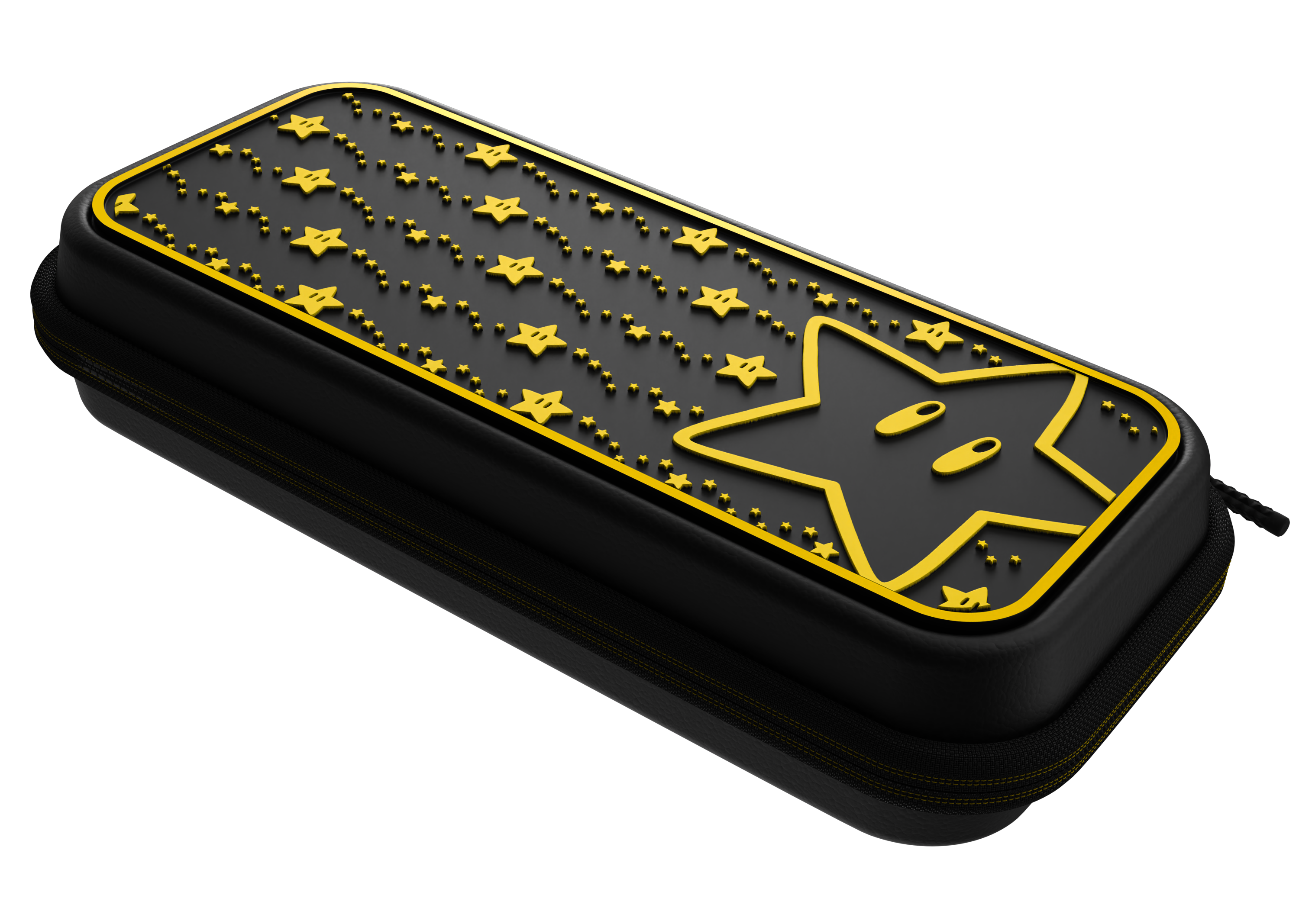 Schwarzes und goldenes Super Mario-Etui mit Sterndesign, geschlossen, auf schwarzem Grund.