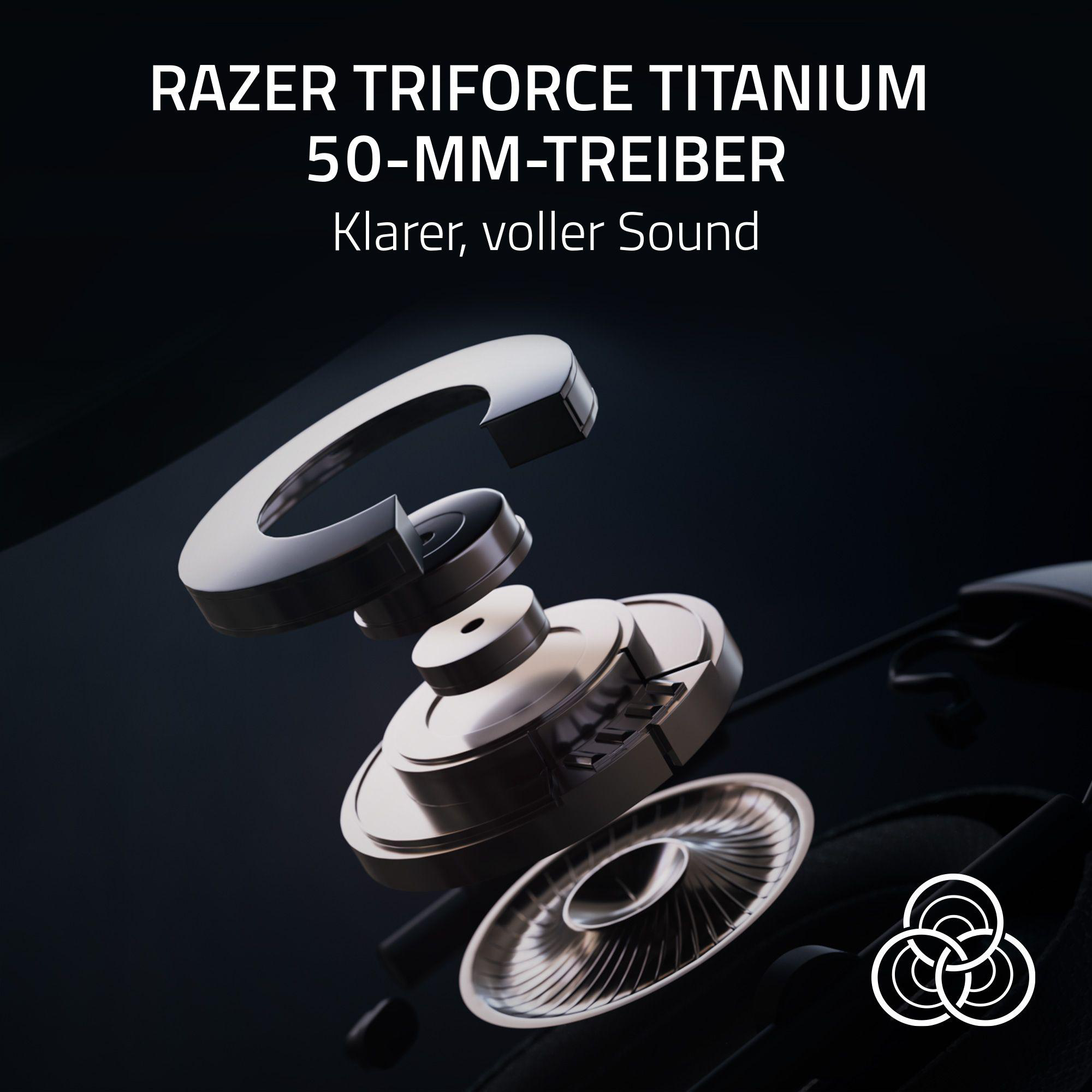 Explosionsansicht der Razer TriForce Titanium-Kopfhörer, die Komponenten zeigend. Der Text lautet: Klarer, voller Sound.