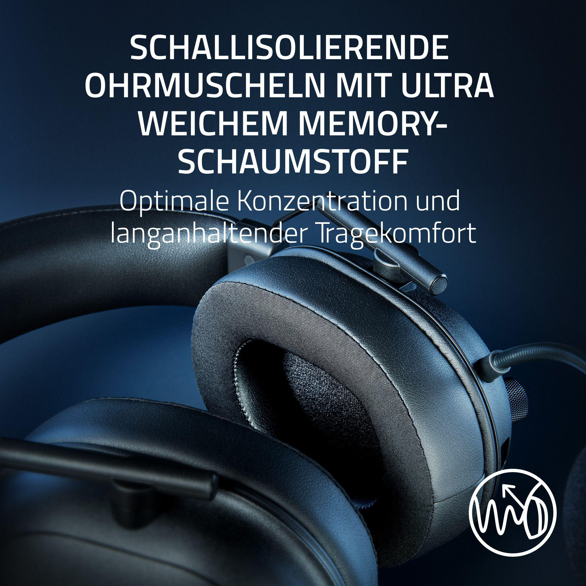 Nahaufnahme schwarzer Kopfhörer mit weichen Ohrmuscheln, Text zur Schallisolierung.