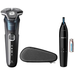 Afeitadora - Philips S5000 S5889/11 + Naricero, Afeitadora eléctrica, seco y mojado, Sensor de barba, Estuche de viaje, Cortapatillas, Marrón