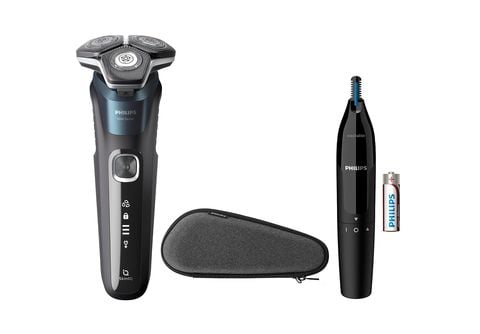 Afeitadora  Philips S5000 S5889/11 + Naricero, Afeitadora eléctrica, seco  y mojado, Sensor de barba, Estuche de viaje, Cortapatillas, Marrón